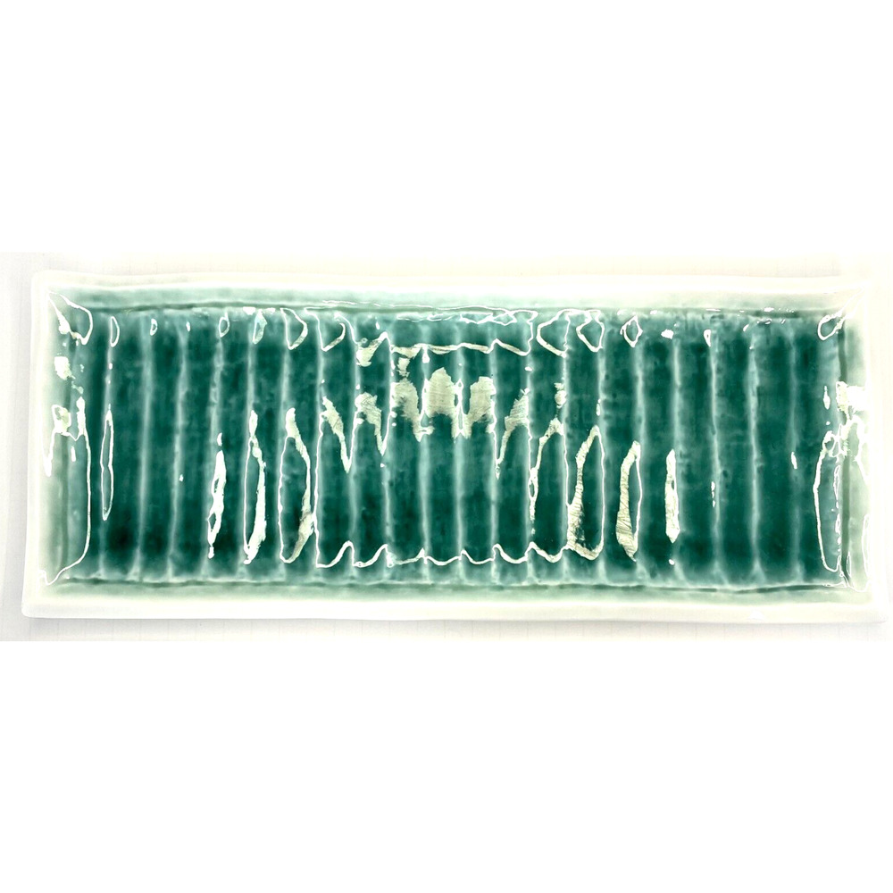 Ceramic Sushi Serving Tray Platter MCM Green Blue White Wavy Long Decor 15in VTG